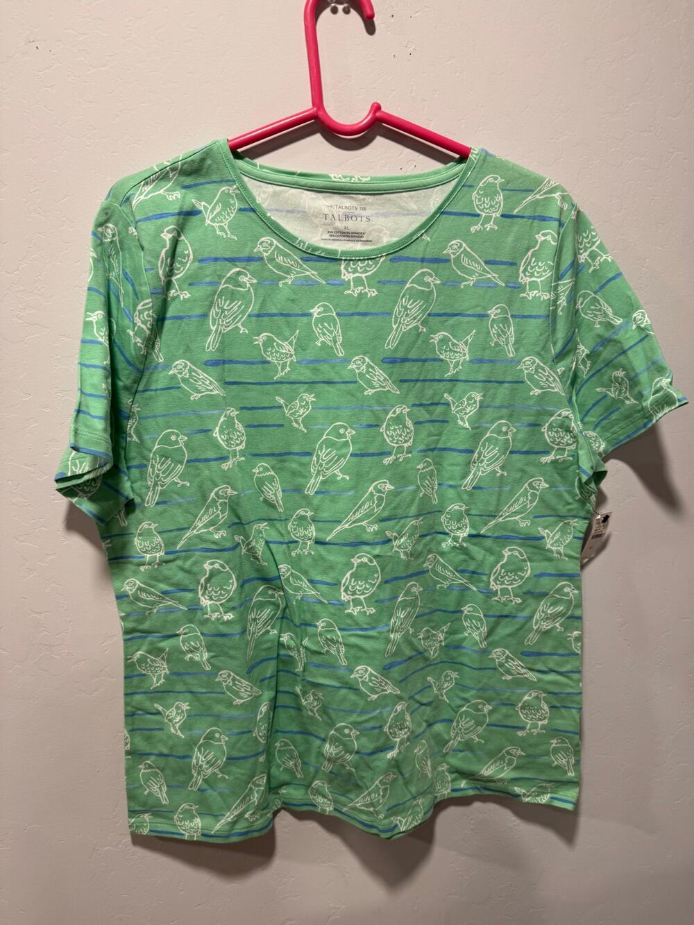 Talbots women tshirt cotton size XL short sleeve green with birds